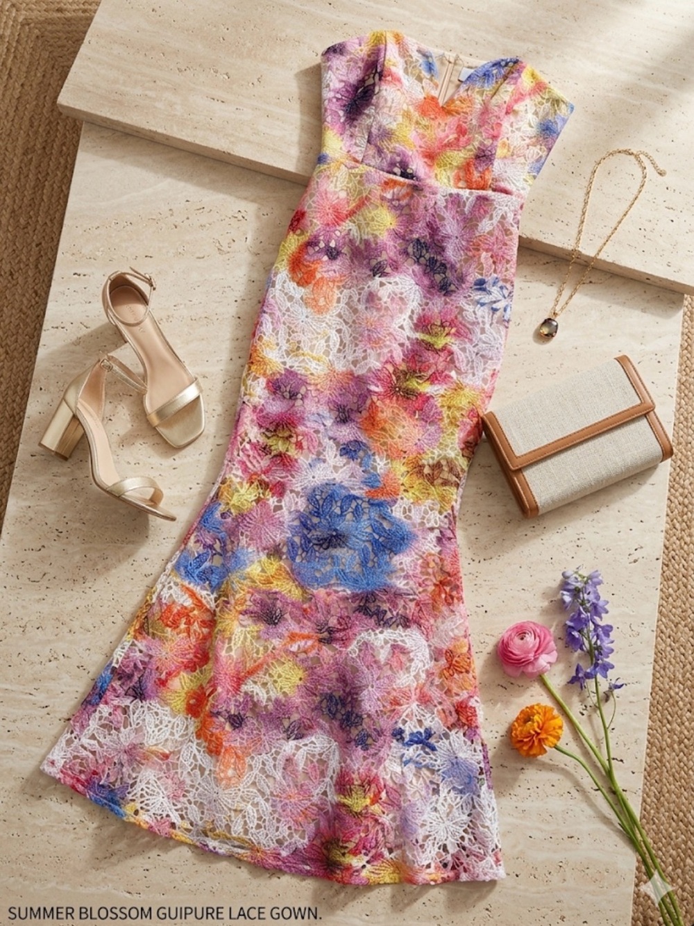 Badgley Mischka Pink Multicolor Floral Lace Maxi Dress